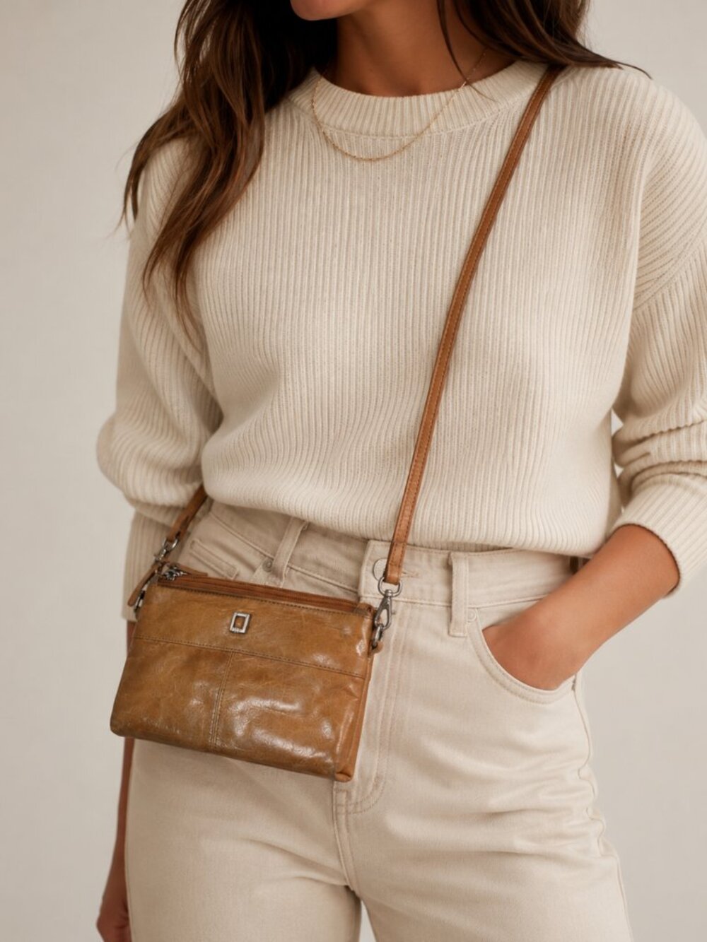 Lodis Tan Leather Crossbody Mini Handbag Purse Bag Womens Magnetic Closure